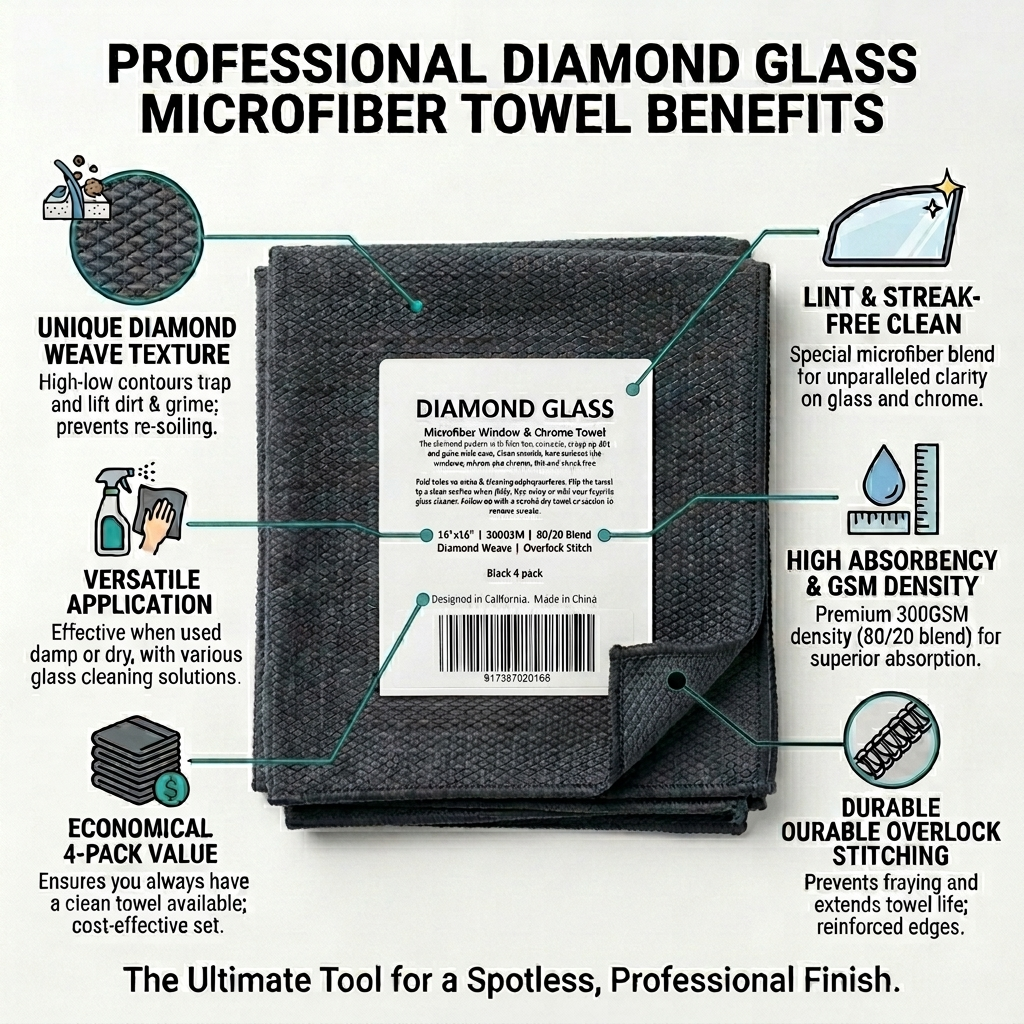Diamond Pattern Glass Towels 4 pack - Black