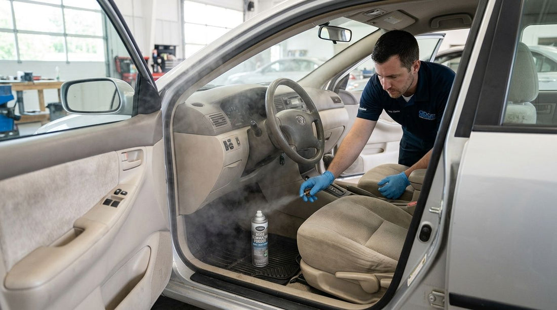 Odor bombs and fogging treatments for used car resale prep