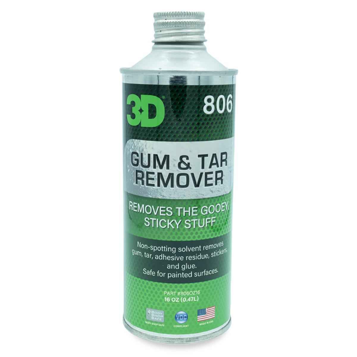 3D Gum, Tar, and Adhesive Remover 16oz automotive cleaner for removing tar, adhesive residue, tree sap, gum, and stubborn contamination from vehicle paint and exterior surfaces
