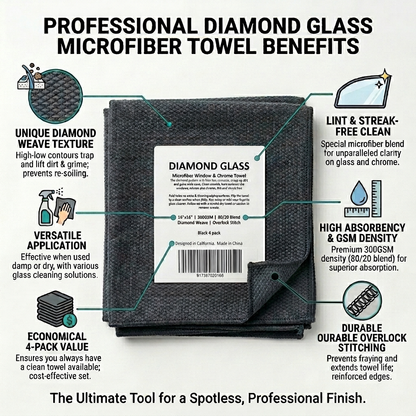 Diamond Pattern Glass Towels 4 pack - Black