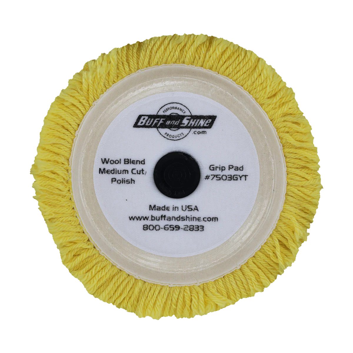 Buff and Shine 7.5" 100% Yellow Wool 4 Ply Twist Grip Pad™ with Center Tee