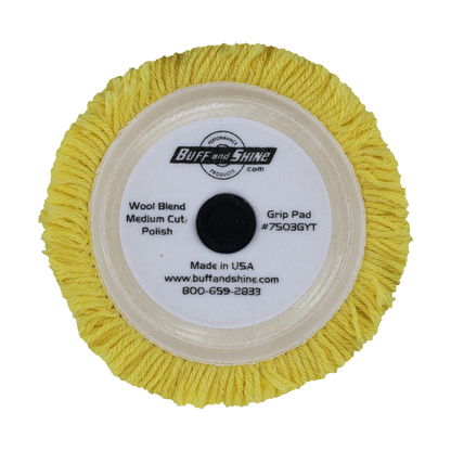 Buff and Shine 7.5" 100% Yellow Wool 4 Ply Twist Grip Pad™ with Center Tee