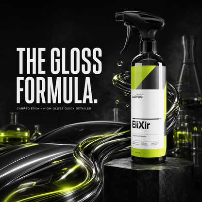 A bottle of CarPro EliXir high-gloss quick detail spray stands on a dark pedestal against a black studio background with stylized car reflections and liquid-like swirls. Large text on the left reads 'THE GLOSS FORMULA.