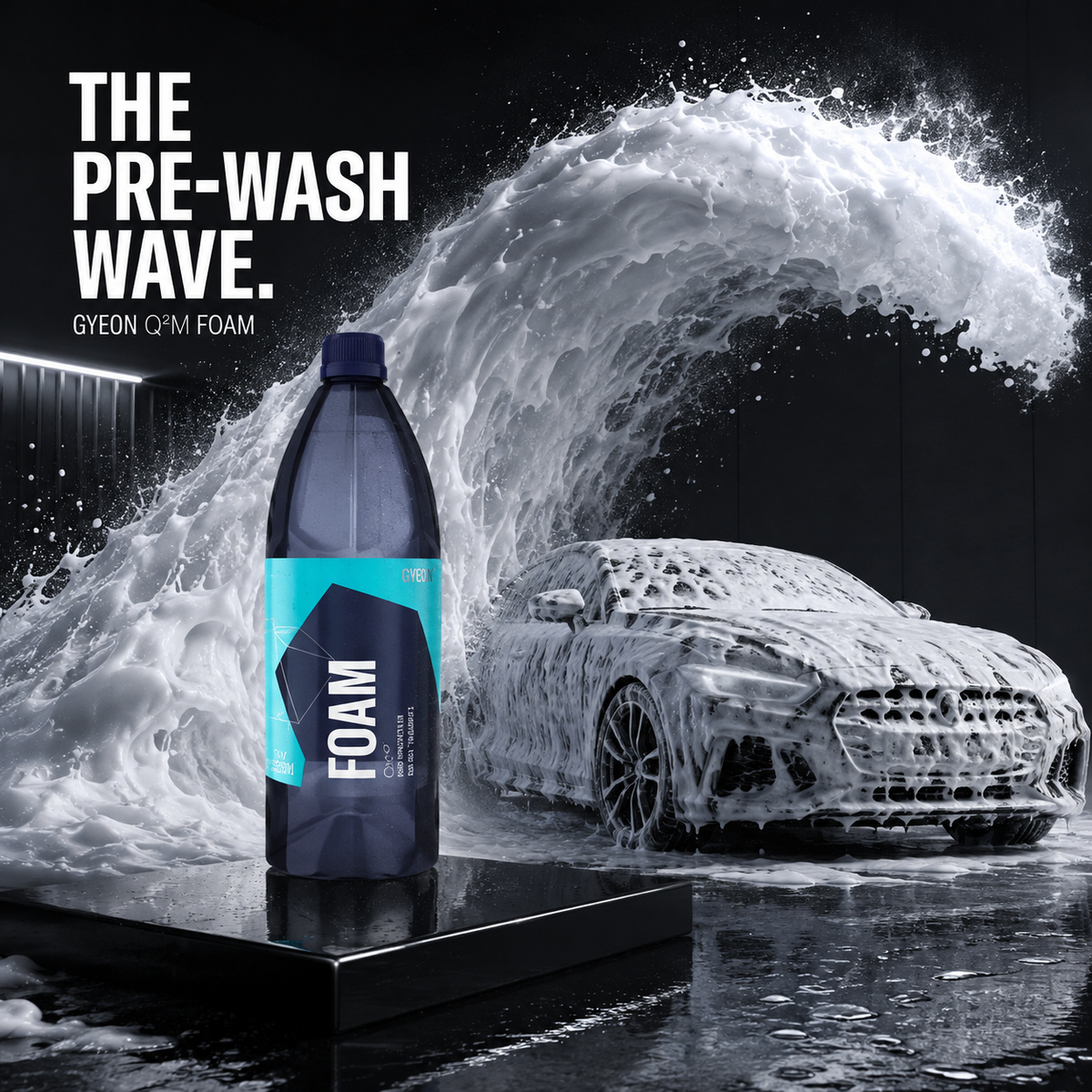 A bottle of GYeon C+H Foam pre-wash foam stands on a glossy black platform in a dark studio scene. Large white text reads 'THE PRE-WASH WAVE.