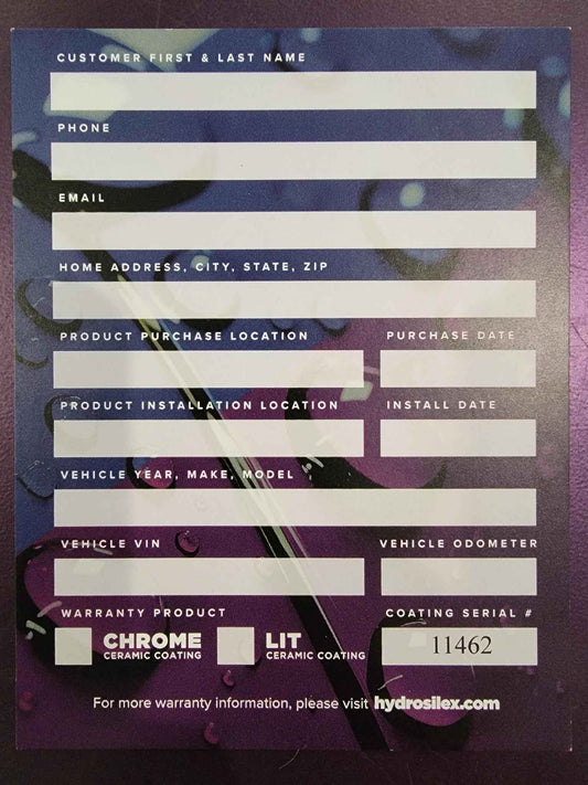Hydrosilex Chrome Warranty card 