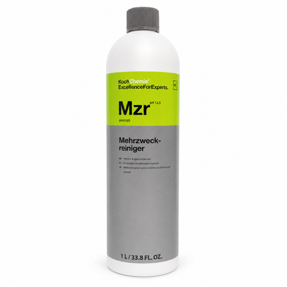 A 1L white bottle of Koch Chemie Mzr Mehrzweck-reiniger with a gray cap, featuring a lime green and gray label.