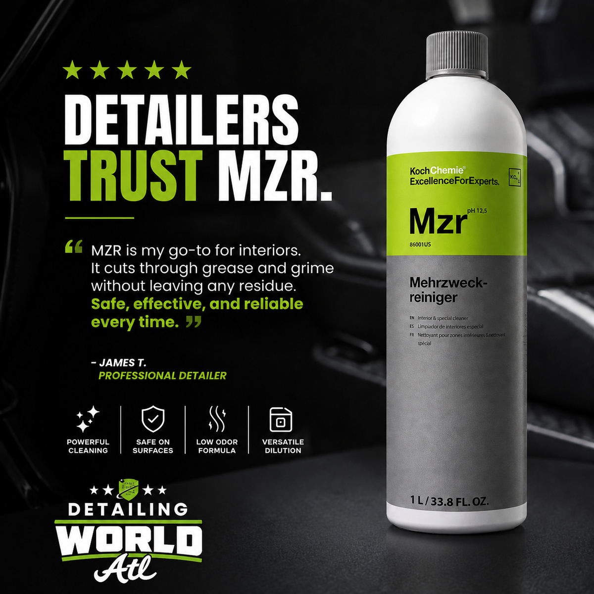 A bottle of Mzr Mehrzweck-reiniger detailing cleaner stands on a dark studio background with promotional text reading 'DETAILERS TRUST MZR' and a quote from James T. Professional Detailer.