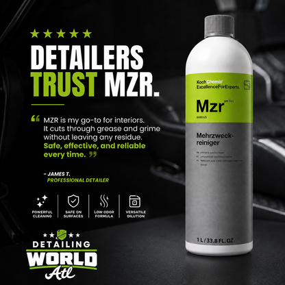 A bottle of Mzr Mehrzweck-reiniger detailing cleaner stands on a dark studio background with promotional text reading 'DETAILERS TRUST MZR' and a quote from James T. Professional Detailer.