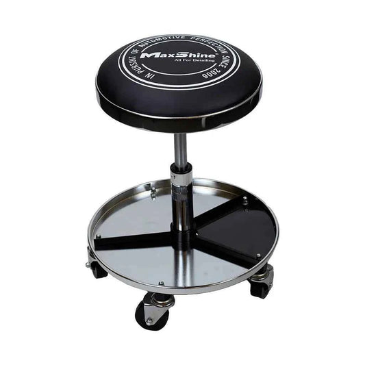 MaxShine Premium Detailing Stool with Tray Black rolling detailing seat with built-in storage for tools, towels, and automotive detailing supplies