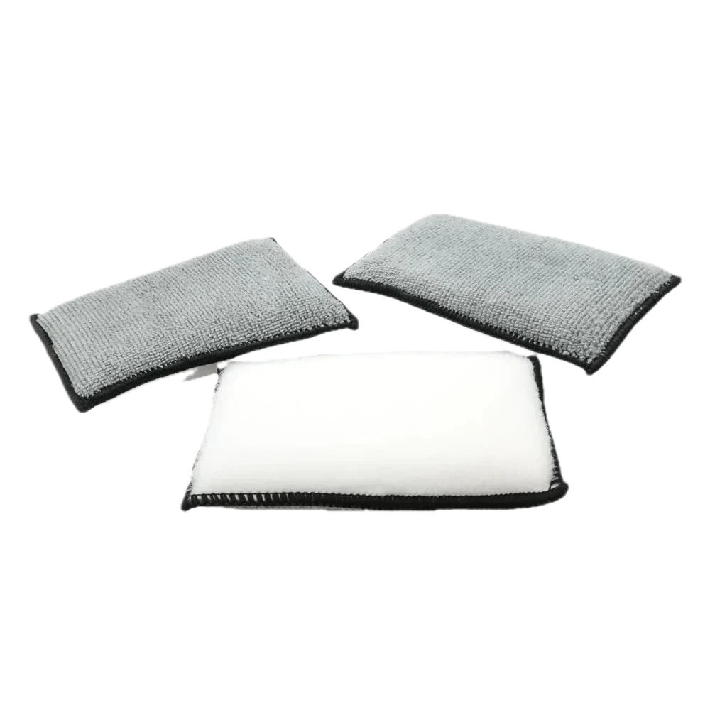 Scrub Ninja 3 Pack non-scratch interior cleaning sponges for removing dirt, stains, and grime from automotive leather, vinyl, plastic, and upholstery surfaces