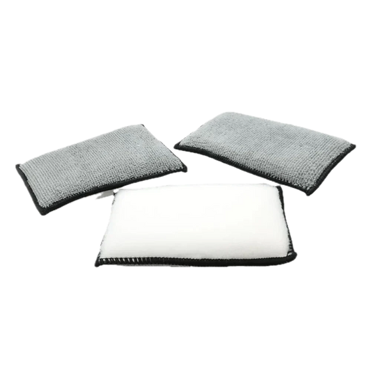 Scrub Ninja 3 Pack non-scratch interior cleaning sponges for removing dirt, stains, and grime from automotive leather, vinyl, plastic, and upholstery surfaces